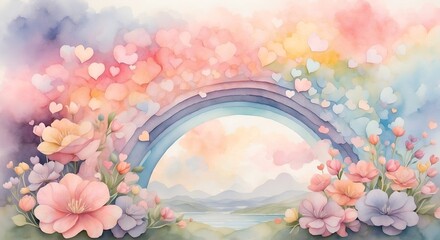 Wall Mural - A dreamy landscape of floating hearts, pastel-colored flowers, and a rainbow sky, all brought to life with a soft watercolor rendering.