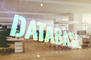 Wall Mural - double exposure of database word sign on a modern furnished office background, global research and a