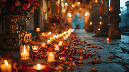 Poster - A splendid hall has been arranged to host the Indian wedding ceremony with candles, petals, exemplifying beauty and grandeur. Generative AI