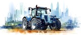 Fototapeta  - a blue tractor in front of a city skyline, Watercolor illustration, concept, conflict, food supply, protest for liberty and against  subsidy cuts