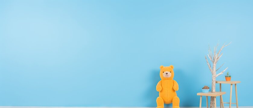 A lone yellow teddy bear standing in a minimalist blue room with sparse decor