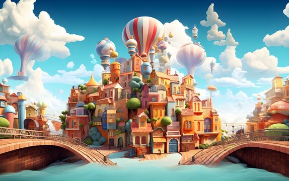 3D cartoon city with colorful buildings and balloons, kids town illustration