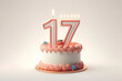 Birthday cake with number 17 on top isolated on solid white background. ai generative