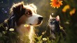 Endearing cat and cute dog in green garden among thick grass and flowers, basking in warmth and harmony of their companionship, heartwarming example of bonds between different creatures