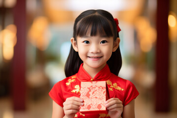 Wall Mural - chinese young girl wearing qipao dress and holding aungpao bokeh style background