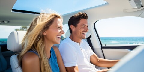 Wall Mural - Couple traveling in car on summer vacation