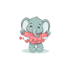 Cute cartoon elephant with hearts isolated on white background . Postcard for Valentine's Day, Mothers day.