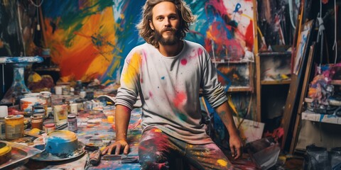 Poster - Portrait of an artist in his studio with his work in the background