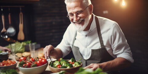 An elderly man enjoys cooking healthy food