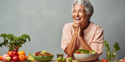 Wall Mural - An elderly woman enjoys cooking healthy food