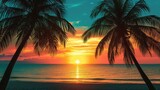 Fototapeta Morze - A serene beach sunset with palm trees in silhouette