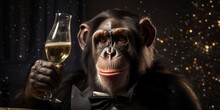 Portrait Of A Chimpanzee Monkey With A Glass Of Champagne