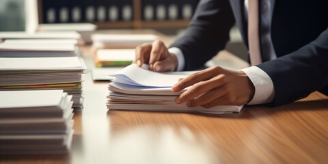 Wall Mural - Close-up Hands of a Businessman Working With stacks of documents