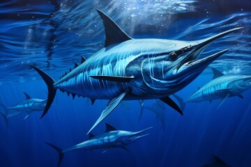 Majestic blue marlin swimming in the deep ocean waters, showcasing its sleek body and long bill.