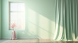panoramic window with transparent light green mint shade curtains, background copy space