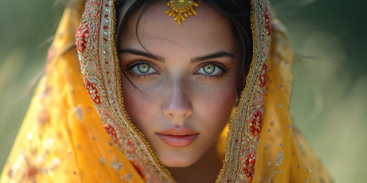 A captivating portrait of an Indian woman radiating beauty in traditional attire, adorned with jewelry and makeup.