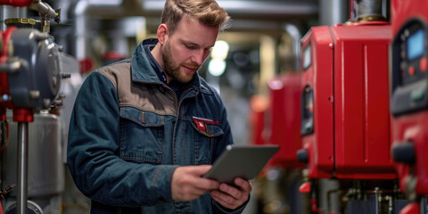 Der Techniker überprüft mit dem Tablet in der Hand die Heizungsanlage im Heizraum