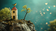 Lone House On Mountain With Tree, Yellow Bird On House, Miniature Of Objects