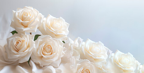  White roses, Background for design. Postcard. Congratulations. Web banner. Wide. Panoramic. valentines day background. Valentine's Day. An empty space for copying text.