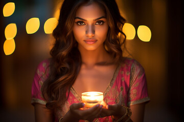 indian woman holding a candle bokeh style background