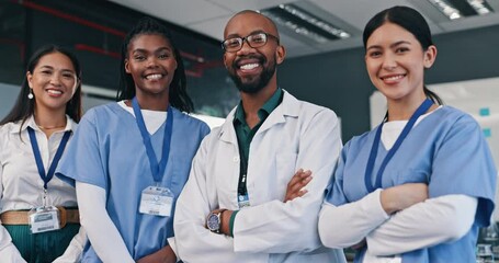 Canvas Print - Doctors, group and happy with arms crossed in hospital with confidence in medical goals or mission. Healthcare, team and portrait of people in clinic working in medicare with pride and diversity