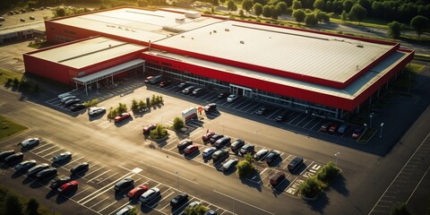 Aerial view of a hypermarket and parking