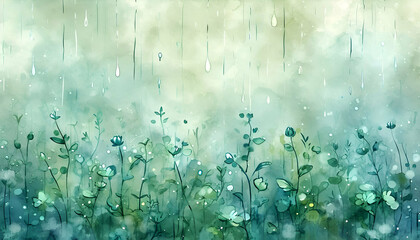  Watercolor background with green leaves and raindrops. Spring watercolor illustration wallpaper.