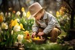 little Boy collecting tulip flowers in a basket on a sunny day. Healthy lifestyle. Harvesting spring medicinal herbs. Cute little boy sitting in a field on the grass