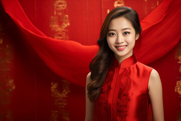 Wall Mural - chinese woman model wearing red qipao