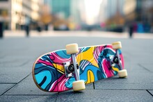 A Modern Skateboard With Colorful Graphics, Isolated On An Urban Street Background