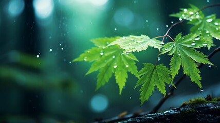 Wall Mural - green forest, dew drops and wet rain on young leaves and shoots in the depths of the green forest of
