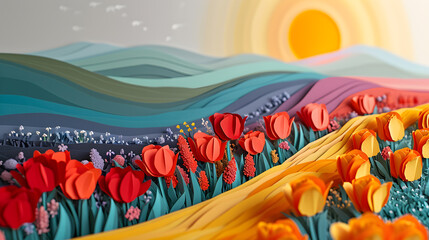 Wall Mural - Crafted Beauty: Holland's Tulip Fields in Papercut Style for Travel Enthusiasts. Generative AI