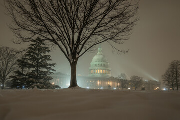 Canvas Print - Snowfall in DC. Winter in American Capitol Washington D.C. Capitol building at night evening winter. U.S. Capitol in snow historical photos. Winter Capitol Hill in Washington D.C.
