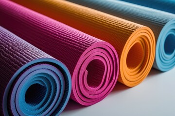 Wall Mural - Set of colorful yoga mats, isolated on a neutral background