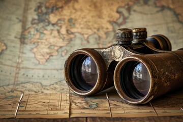 a pair of vintage binoculars, isolated on a map background