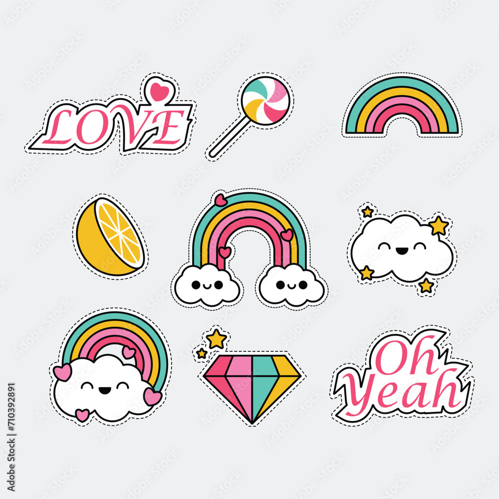 Cartoon sticker pack.text love,candies,rainbows,oranges,clouds,rainbows ...