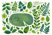 Green Fingerprint Shape With Leaves And Flowers.