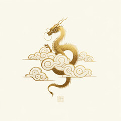 Wall Mural - minimal watercolor illustrations of a mythical gold dragon on a cloud , designed in a traditional Chinese style