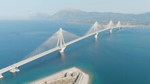 Patras, Greece. The Rio-Antirrio Bridge. Officially The Charilaos Trikoupis Bridge. Bridge Over The Gulf Of Corinth (Strait Of Rion And Andirion), Aerial View, Point Of Interest