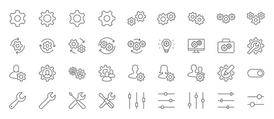 Settings line icon set. Cogwheel, support, wrench, screwdriver, development, config, toolbar, setup minimal vector illustrations. Simple outline signs for application options. Editable Stroke