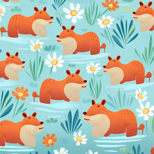 Create A Pattern Featuring Adorable, Stylized Animals Like Hippopotamus In Playful Poses, PNG, 300 DPI