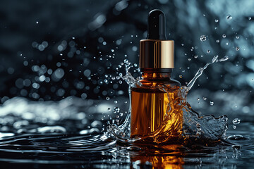 
Low key , dark colors, luxury product photography. cosmetic product oil or essence in a bottle with a dropper, with serum splash .Concept of beauty, skin, hair or body care