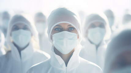 Wall Mural - epidemic, a group of people wearing medical masks on their face, abstract blurred background