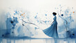 © kichigin19 - abstract watercolor art, blue light background silhouette of a girl impression of curved lines and spots of paint and ink on a light background, emotional illustration of femininity