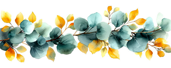 Wall Mural - Watercolor illustration of green and yellow eucalyptus leaves, detailed and realistic, isolated on transparent or white background