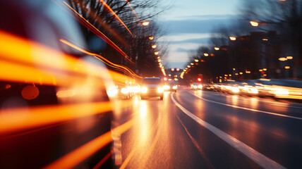 Wall Mural - highway, speed blurred car background, tracks from the headlights, urban rhythm city nightlife, twilight traffic on the road