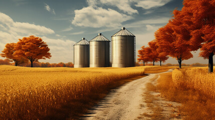 Wall Mural - Autumn in Agriculture: Rustic Charm around the Silos