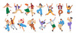 Dancing people. Happy people dance to music. Happy people jumping. Set of characters having fun at party. Men and women in motion, different free poses. Jumping for fun and joy. Laughing people set