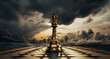 The golden rook on the chess board under a stormy sky, in the style of vray tracing, orderly symmetry, photo-realistic landscapes, queencore, polished surfaces, princesscore, innovative composition

