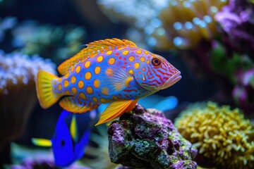 Brightly colored tropical fish, isolated on a coral reef background